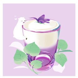  animal bear border chai_(drawingchisanne) commentary cup drink drinking_glass flower food_focus glass heart leaf no_humans original polar_bear purple_flower shirokuma-san_(drawingchisanne) signature simple_background undersized_animal violet_(flower) white_border yogurt 