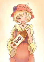  aki_minoriko alcohol apron black_ribbon blonde_hair bottle choker closed_eyes collared_shirt commentary_request female food frilled_apron frills fruit grape_hat_ornament grapes hat holding holding_bottle juliet_sleeves long_sleeves mob_cap open_mouth orange_apron orange_hat puffy_sleeves rangycrow ribbon ribbon_choker sake_bottle shirt solo touhou upper_body wide_sleeves yellow_shirt 