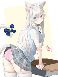  animal_ears ass bell blue_eyes blush bow breasts cat_ears cat_girl cat_tail closed_mouth commentary_request desk female garter_straps grey_skirt hair_between_eyes heterochromia highres lifted_by_tail long_hair oekakizuki original panties pink_panties plaid plaid_skirt school_uniform shirt signature simple_background skindentation skirt solo sweater_vest tail tail_bell tail_bow tail_ornament tail_raised thick_thighs thighhighs thighs two-tone_background underwear white_hair white_shirt white_thighhighs yellow_eyes 