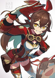  alternate_costume amber_(100_outrider)_(genshin_impact) amber_(genshin_impact) baron_bunny_(genshin_impact) blush breasts brown_eyes brown_hair brown_shorts crossed_bangs female genshin_impact gloves goggles goggles_around_neck hair_between_eyes hairband hata4564 highres long_hair long_sleeves looking_at_viewer official_alternate_costume red_ribbon ribbon shorts smile solo thighhighs 