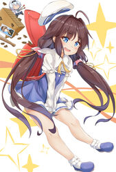  :d ahoge backpack bag beret between_legs blue_dress blue_eyes blue_footwear blush board_game bobby_socks brown_hair character_doll commentary_request dress female folded_fan folding_fan full_body hair_intakes hand_between_legs hand_fan hat highres hinatsuru_ai ikarosu layered_sleeves long_hair long_sleeves looking_at_viewer low_twintails open_mouth painttool_sai_(medium) photo_(object) puffy_short_sleeves puffy_sleeves randoseru ryuuou_no_oshigoto! school_uniform shoes shogi shogi_piece short_over_long_sleeves short_sleeves simple_background sleeves_past_wrists smile socks solo sora_ginko sparkle teeth twintails unworn_hat unworn_headwear upper_teeth_only very_long_hair white_background white_hat white_socks yashajin_ai 