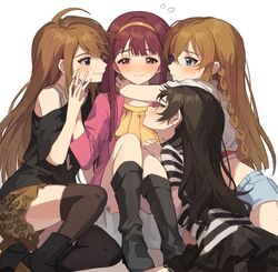  4girls absurdres arms_around_neck black_footwear black_hair blunt_bangs blush braid brown_hair commentary_request embarrassed flying_sweatdrops hairband hand_on_another&#039;s_hand hand_on_another&#039;s_knee hano9789 harem highres idolmaster idolmaster_million_live! idolmaster_million_live!_theater_days kitazawa_shiho korean_commentary kousaka_umi long_hair looking_at_another looking_away multiple_girls nose_blush profile red_eyes shirt simple_background sitting straight_hair striped_clothes striped_shirt tanaka_kotoha thighhighs tokoro_megumi very_long_hair yuri zettai_ryouiki 