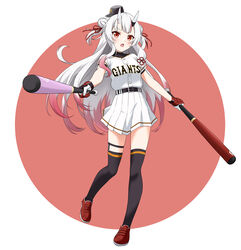  absurdres alternate_costume baseball_bat baseball_cap baseball_uniform belt black_belt black_bodysuit black_thighhighs blush bodysuit border breasts double_bun dual_wielding felutiahime female full_body gloves gradient_hair hair_between_eyes hair_bun hair_ribbon hat highres holding holding_baseball_bat hololive horns legwear_garter long_hair looking_at_viewer medium_breasts multicolored_clothes multicolored_gloves multicolored_hair nakiri_ayame nippon_professional_baseball oerba_yun_fang oni open_mouth pleated_skirt red_background red_eyes red_footwear red_gloves red_hair red_ribbon ribbon round_border shirt shirt_tucked_in short_sleeves skin-covered_horns skin_fang skirt solo sportswear thigh_strap thighhighs two-tone_background v-shaped_eyebrows virtual_youtuber white_background white_gloves white_hair white_shirt white_skirt yomiuri_giants zettai_ryouiki 