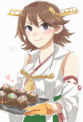  absurdres brown_hair commentary_request cupcake detached_sleeves female flipped_hair food green_skirt grey_eyes hagioshi hairband headgear hiei_(kancolle) highres japanese_clothes kantai_collection looking_at_viewer oven_mitts ribbon-trimmed_sleeves ribbon_trim short_hair simple_background skirt solo upper_body white_background 