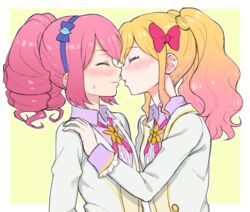  2girls aikatsu!_(series) aikatsu_stars! blazer blonde_hair blush border bow closed_eyes collared_shirt drill_hair face-to-face gradient_hair hairband hairbow hand_on_another&#039;s_shoulder imminent_kiss jacket long_hair multicolored_hair multiple_girls nijino_yume nose_blush outline outside_border parted_lips pink_bow pink_hair purple_bow purple_shirt sakuraba_rola school_uniform scrunchie shirt sidelocks simple_background sweatdrop sweater_vest twintails upper_body venus_ark_uniform wavy_mouth white_border white_jacket white_outline yellow_background yoban yuri 