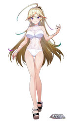  ahoge ainy blonde_hair character_request chojo:_crypto_girls_arena copyright_name covered_navel female full_body green_hair hair_between_eyes highres jewelry legs long_hair looking_at_viewer multicolored_hair parted_lips purple_eyes red_hair ring sandals simple_background smile solo standing toes white_background 