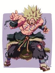  1boy abs anger_vein black_eyes blonde_hair broly_(dragon_ball_super) clothes_around_waist commentary cuffs dragon_ball dragon_ball_super dragon_ball_super_broly english_commentary full_body guillem_dauden handcuffs highres japanese_clothes large_pectorals legendary_super_saiyan male_focus medium_hair muscular muscular_male no_pupils pants pectorals scar scar_on_chest shirt shirt_around_waist solo spiked_hair stomach super_saiyan topless_male torn_clothes torn_pants 