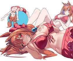  animal_ears antenna_hair armpits ball bikini blush bow breasts brown_hair cleavage commentary_request crossed_bangs daiwa_scarlet_(trifle_vacation)_(umamusume) daiwa_scarlet_(umamusume) exercise_ball female frilled_bikini frills grin groin hair_intakes hair_ornament hairbow hand_on_own_chest hands_on_own_stomach horse_ears horse_girl knees_up large_breasts long_hair looking_at_viewer lying multiple_views navel nonco official_alternate_costume on_back open_mouth outstretched_arms parted_lips red_bikini red_bow red_eyes simple_background smile stomach swimsuit teeth twintails umamusume upside-down wet white_background 