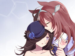  2girls ahoge animal_ears black_hair blush bow bowl bowl_hat bowtie brown_hair closed_eyes collarbone commentary earrings flower gradient_background hair_over_one_eye hairband hat hat_flower holding_another&#039;s_wrist horse_ears horse_girl horseshoe_ornament jewelry long_hair looking_at_another mihono_bourbon_(umamusume) multiple_girls puffy_short_sleeves puffy_sleeves purple_eyes purple_shirt rice_shower_(umamusume) sailor_collar sailor_shirt school_uniform shirt short_sleeves simple_background sparkle_background summer_uniform tracen_school_uniform umamusume yuetan_(ssvs73608) yuri 