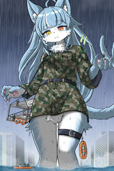  2023 2:3 5_fingers ambiguous_gender animal_humanoid anthro belt binoculars biped blue_body blue_fur bottomless bottomless_anthro camo camo_clothing camo_print camo_topwear canid canine canis carrying_another cheek_tuft city claws clothed clothing detailed_background domestic_dog extreme_size_difference facial_tuft featureless_crotch felid felid_humanoid feline feline_humanoid female femboy feral fingers flood flooding forked_tail front_view fur gentle_giant hair hamu_chunchun helpful_macro heterochromia hi_res holding_character human humanoid humanoid_hands inner_ear_fluff japan_air_self-defense_force kemono larger_humanoid life_ring lifeboat long_hair macro male_(lore) mammal mammal_humanoid mouse multicolored_body multicolored_fur murid murine nekojyaras77 omaneko_(jasdf) pattern_clothing pattern_topwear portrait raining rescue rescue_tube rodent rodent_humanoid size_difference smaller_human smaller_humanoid standing storm swim_ring tail three-quarter_portrait topwear tuft two_tone_body two_tone_fur unusual_anatomy unusual_tail water wet white_body white_fur 