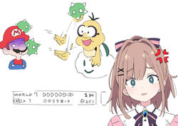  1boy anger_vein bad_id bad_pixiv_id blue_eyes bow bright_pupils brown_hair commentary_request duplicate female hair_ornament hairbow ixy lakitu looking_at_viewer mario mario_(series) nijisanji pixel-perfect_duplicate short_hair simple_background spiny_egg suzuhara_lulu upper_body virtual_youtuber white_background white_pupils x_hair_ornament 