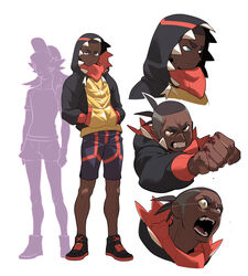  1boy absurdres black_footwear black_hoodie blood clenched_hand closed_mouth commentary dark-skinned_male dark_skin full_body hands_in_pockets highres hood hood_up hoodie knees leon_(pokemon) looking_at_viewer male_focus multiple_views open_mouth pokemon pokemon_swsh raihan_(pokemon) redlhzz shoes short_hair shorts sneakers standing teeth tongue white_background 