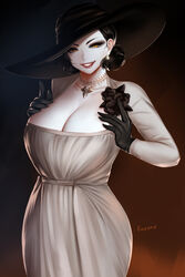  alcina_dimitrescu black_flower black_gloves black_hair black_rose breasts cleavage dress earrings easonx female flower gloves hat highres jewelry large_breasts lipstick looking_at_viewer makeup necklace pale_skin resident_evil resident_evil_village rose short_hair simple_background smile solo sun_hat white_dress yellow_eyes 