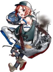  baseball_cap black_legwear boots bucket defeat depth_charge dress female full_body hat hozuka_(kadokawa) kaiboukan_no._4_(kancolle) kantai_collection kneehighs lolicon machinery official_art open_mouth pantyhose red_eyes red_hair rubber_boots sailor_dress short_hair short_sleeves smoke socks solo torn_clothes torn_dress torn_hat torn_pantyhose transparent_background white_dress 