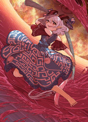  absurdres bad_id bad_pixiv_id bare_shoulders barefoot blood blue_dress crack creeper_(gametime) curly_hair detached_sleeves dress earrings embers eye_print female floating highres horizontal_pupils horn_ornament horn_ribbon horns jewelry meandros mountainous_horizon nail_polish open_mouth patterned_clothing pointy_ears pool_of_blood rectangular_pupils red_eyes red_horns red_sleeves ribbon sharp_teeth sheep_horns short_hair smile solo spork sunken_fossil_world tail teeth touhou toutetsu_yuuma white_hair 