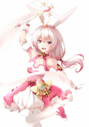  :d animal_ears bare_shoulders crown dress female fox_ears gloves highres holding holding_wand honkai_(series) honkai_impact_3rd long_hair looking_at_viewer magical_girl open_mouth pink_dress pink_footwear pink_hair side_ponytail simple_background skysuy_(2267420264) sleeveless sleeveless_dress smile solo theresa_apocalypse theresa_apocalypse_(sakuno_rondo) thighs wand white_background white_gloves 