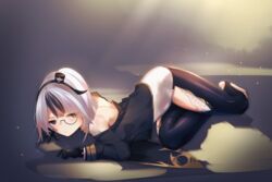  asymmetrical_hair azur_lane bare_shoulders bearn_(azur_lane) black_background black_coat black_hair black_thighhighs closed_mouth clothing_cutout coat commentary dress female full_body gloves grey_hair hair_ornament highres ka11_ca light_rays looking_at_viewer lying metal_gloves monocle no_shoes off_shoulder on_side shadow short_hair sidelocks solo thigh_cutout thighhighs toeless_legwear white_dress 