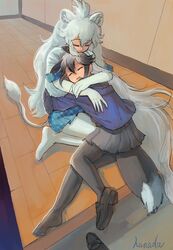  2girls :3 absurdly_long_hair animal_ears arm_around_neck big_hair black_fur black_gloves black_pantyhose black_skirt blue_jacket blue_skirt closed_eyes commentary elbow_gloves entrance extra_ears fox_ears fox_girl fox_tail full_body fur_trim gloves hanada_(cobalt003) highres hug jacket kemono_friends lion_ears lion_girl lion_tail loafers long_hair lying multiple_girls no_shoes on_ground pantyhose plaid plaid_skirt plaid_trim pleated_skirt shirt shoes short_sleeves silver_fox_(kemono_friends) single_shoe sitting skirt t-shirt tail unworn_shoes very_long_hair white_gloves white_hair white_legwear white_lion_(kemono_friends) 