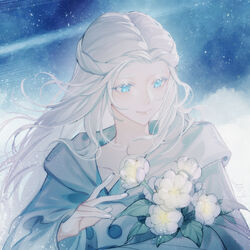  artist_name blue_background blue_eyes braid chinese_commentary collarbone commentary_request elpis_flower female final_fantasy final_fantasy_xiv flower grey_robe half_up_braid half_updo hand_up holding holding_flower hood hood_down hooded_robe long_hair mask no.9_yualuodesi_mimitongxinzhong parted_hair robe signature single_braid smile solo sophist&#039;s_robe_(ff14) unworn_mask upper_body venat_(ff14) white_flower white_hair 