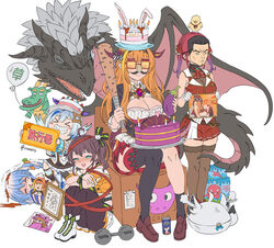  5girls amane_kanata animal_ears annotated asacoco ascot asymmetrical_legwear balloon baseball_bat bat_(animal) birthday birthday_cake blood boots bow box breasts cake can&#039;t_show_this_(meme) carrot commentary cosplay dinosaur dragon dragon_girl dragon_horns drugs drunk dumbbell eggplant fake_animal_ears fake_facial_hair fake_mustache fake_nose floral_print fold-over_boots food frills glasses gloves green_eyes hair_ornament hairbow happy_birthday highleg highleg_leotard holding holding_weapon hololive horns houshou_marine houshou_marine_(1st_costume) houshou_marine_(cosplay) kiryu_coco kiryu_coco_(1st_costume) kiryu_kazuma large_breasts leotard leotard_under_clothes long_hair mask meme multiple_girls nail nail_bat natsuiro_matsuri no_animal_ears on_box orange-tinted_eyewear orange_hair purple_hair ribbon ryuu_ga_gotoku_(series) sitting sitting_on_box sunglasses tinted_eyewear triceratops uneven_legwear usada_pekora usada_pekora_(1st_costume) vinhnyu virtual_youtuber weapon white_footwear white_gloves 