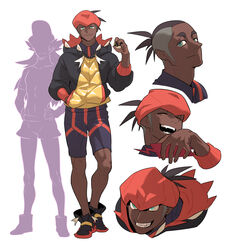  1boy :d absurdres black_hoodie closed_mouth collared_shirt commentary dark-skinned_male dark_skin earrings full_body hand_in_pocket hand_up headband highres holding holding_poke_ball hood hoodie jewelry knees leon_(pokemon) looking_at_viewer male_focus multiple_views open_mouth orange_headband poke_ball pokemon pokemon_swsh raihan_(pokemon) redlhzz shirt short_hair smile standing teeth ultra_ball undercut 