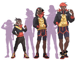  1boy absurdres age_progression aged_down black_footwear black_hoodie black_pants collared_shirt dark-skinned_male dark_skin full_body grin hand_on_own_hip headband highres holding holding_poke_ball hood hood_down hoodie korean_commentary legs_apart leon_(pokemon) looking_at_viewer male_focus orange_headband pants poke_ball poke_ball_(basic) pokemon pokemon_swsh raihan_(pokemon) redlhzz shirt shoes short_hair silhouette smile standing teeth undercut 