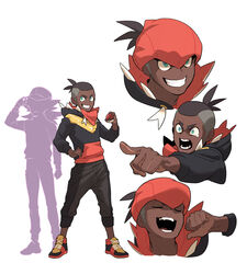  1boy absurdres aged_down black_hoodie black_pants commentary dark-skinned_male dark_skin full_body grin hand_on_own_hip hand_up headband highres holding holding_poke_ball hood hood_down hoodie leon_(pokemon) male_focus multiple_views orange_headband pants pointing poke_ball poke_ball_(basic) pokemon pokemon_swsh raihan_(pokemon) redlhzz shoes short_hair smile sneakers standing teeth undercut white_background 