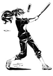  ! baseball baseball_bat closed_eyes closed_mouth commentary female greyscale holding holding_baseball_bat monochrome persona persona_5 persona_5_the_royal ponytail shoes short_hair simple_background sneakers solo standing swinging werkbau white_background yoshizawa_kasumi 