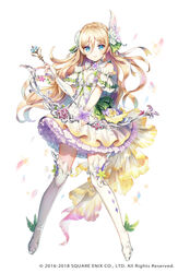  blonde_hair blue_eyes bow_(weapon) cleavage_cutout clothing_cutout copyright dress erunoa_lynrace female flat_chest flower frilled_skirt frills full_body grimms_notes hair_flower hair_ornament highres long_hair nemusuke official_art petals simple_background skirt smile solo weapon white_background 