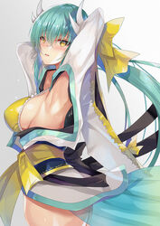  aqua_hair armpits arms_behind_head arms_up ass bikini blush bow breasts dragon_girl dragon_horns fate/grand_order fate_(series) female hairbow horns inoue_takuya_(tactactak) japanese_clothes kimono kiyohime_(fate) kiyohime_(swimsuit_lancer)_(fate) kiyohime_(swimsuit_lancer)_(first_ascension)_(fate) large_breasts long_hair long_sleeves looking_at_viewer multiple_horns obi open_mouth photoshop_(medium) ponytail sash swimsuit very_long_hair wide_sleeves yellow_bikini yellow_bow yellow_eyes 