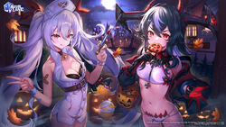  2girls :q azur_lane bare_arms bare_shoulders bikini bikini_under_clothes black_bikini black_choker black_gloves black_hair breasts candy choker closed_mouth docozi food full_moon garter_straps gloves halloween hat highres holding horns jack-o&#039;-lantern lollipop long_hair long_sleeves looking_at_viewer medium_breasts moon multi-strapped_bikini multicolored_hair multiple_girls navel night nurse_cap off_shoulder official_alternate_costume official_art red_eyes red_gloves second-party_source shirt sleeveless sleeveless_shirt smile stomach streaked_hair swimsuit symbol-shaped_pupils syringe thighs tongue tongue_out twintails two-tone_hair v v-shaped_eyebrows vampire_(azur_lane) vampire_(little_devil_in_white)_(azur_lane) very_long_hair white_bikini white_hair white_shirt wing_collar wrist_cuffs x-shaped_pupils z16_(azur_lane) 