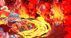  2girls blonde_hair blood bubble commentary commentary_request crystal curly_hair detached_sleeves dress fighting fire flandre_scarlet frilled_skirt frilled_sleeves frills hat hat_ribbon hell highres horn_ornament horn_ribbon horns laevatein_(touhou) mob_cap multiple_girls one_side_up pool_of_blood puffy_short_sleeves puffy_sleeves red_eyes red_skirt red_vest ribbon sachisudesu sheep_horns short_hair short_sleeves side_ponytail skirt skirt_set spork sunken_fossil_world touhou toutetsu_yuuma vest watermark white_hair wings 