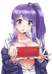  :o blush breasts cellphone cleavage collared_shirt female highres holding holding_phone inside-chan_mk.i inside-games_(media) ishii_hisao jacket jacket_partially_removed large_breasts lipstick long_hair long_sleeves looking_at_phone makeup open_clothes open_shirt parted_lips phone pink_lips purple_eyes purple_hair purple_jacket selfie shirt side_ponytail simple_background smartphone solo taking_picture upper_body virtual_youtuber white_background wing_collar 