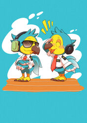  2020 absurd_res animal_crossing anthro avian beak belt bird blue_background blue_body blue_feathers brother_(lore) brothers_(lore) chibi closed_eyes clothing columbid digital_media_(artwork) dodo duo electronics extinct eyewear feathers gesture headphones hi_res male necktie nintendo orville_(animal_crossing) recently_extinct_species salute satojoyu sibling_(lore) simple_background smile standing sunglasses uniform wilbur_(animal_crossing) 