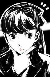  blurry blurry_background commentary dated female hand_up monochrome notice_lines persona persona_5 persona_5_the_royal pink_lips ponytail signature simple_background solo spot_color werkbau white_background yoshizawa_kasumi 