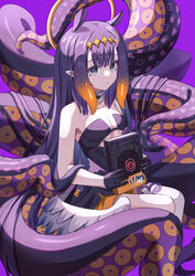  absurdres animal_ears ao-chan_(ninomae_ina&#039;nis) bare_arms bare_shoulders black_dress black_gloves blonde_hair blue_eyes blunt_bangs book dress female gloves gradient_hair halo highres holding holding_book hololive hololive_english long_hair looking_at_viewer low_wings multicolored_hair ninomae_ina&#039;nis ninomae_ina&#039;nis_(1st_costume) orange_hair parted_lips pension_z pointy_ears purple_background purple_hair sidelocks simple_background solo strapless streaked_hair tentacle tentacle_hair thighhighs very_long_hair virtual_youtuber white_thighhighs wings 