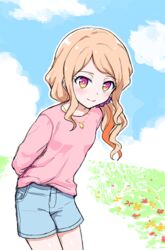  aikatsu!_(series) aikatsu_stars! arms_behind_back blue_shorts blush cloud cloudy_sky cowboy_shot day denim denim_shorts female field flower flower_field gold_necklace hair_ornament hair_over_shoulder hair_scrunchie jewelry kasumi_mahiru leaning_forward long_hair long_sleeves looking_at_viewer low-tied_long_hair multicolored_eyes multicolored_hair necklace orange_eyes orange_hair outdoors pink_shirt purple_eyes purple_scrunchie scrunchie shirt shorts side_ponytail sidelocks sky smile solo streaked_hair wavy_hair yellow_eyes yoban 