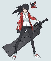  belt black_gloves black_hair clenched_hand closed_mouth female floating gloves greatsword grey_background highres holding holding_sword holding_weapon huge_weapon jacket long_hair mecha original ponytail red_eyes red_jacket robot rocket_neko science_fiction simple_background sleeves_rolled_up smile standing sword weapon white_footwear 