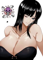  absurdres bare_shoulders black_hair blue_eyes blunt_bangs breasts cleavage commentary_request corset extra_hands eyewear_on_headwear female flower head_tilt highres huge_breasts jolly_roger large_breasts lips long_hair nico_robin one_eye_closed one_piece open_hands smile tomo0843 upper_body 