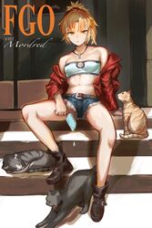  bad_id bad_pixiv_id bandeau bare_shoulders blonde_hair boots breasts collarbone crop_top cutoffs fate/apocrypha fate_(series) feline female food full_body green_eyes hair_ornament hair_scrunchie highres jacket jewelry long_hair long_sleeves looking_at_viewer micro_shorts mordred_(fate) mordred_(fate/apocrypha) mordred_(memories_at_trifas)_(fate) navel necklace off_shoulder open_clothes open_jacket parted_bangs ponytail popsicle red_jacket scrunchie shorts sidelocks sitting small_breasts stairs tsugu0302 