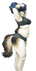  anthro back_rolls belly belly_folds bra breasts canid canine canis cettus closed_eyes clothing fat_rolls female fur hi_res mammal muffin_top navel overweight overweight_anthro overweight_female panties shirt side_view simple_background solo standing tail thick_thighs topwear ulla_nystrom underwear undressing white_background white_body white_fur wolf 