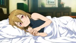  bed brown_hair female game_cg hair_down highres indoors interlocked_fingers lolicon looking_at_viewer lying non-web_source official_art on_bed on_side own_hands_clasped own_hands_together pillow pov_across_bed red_eyes silica smile solo sword_art_online sword_art_online:_hollow_fragment 