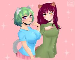  5:4 animal_humanoid big_breasts blush bottomwear breast_size_difference breasts brown_body brown_fur cat_humanoid clothing cutemantis dress duo eyeshadow felid felid_humanoid feline feline_humanoid female fur green_hair grey_body grey_fur hair hi_res humanoid koneko-chan long_hair makeup mammal mammal_humanoid nyan_neko_sugar_girls pink_background purple_eyes raku-chan red_hair simple_background skirt sparkles yellow_eyes 