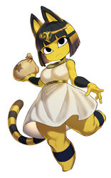  2020 absurd_res animal_crossing ankha_(animal_crossing) anthro bag black_hair bob_cut breasts clothed clothing domestic_cat dress egyptian egyptian_clothing featureless_feet feet felid feline felis female frown fully_clothed fur hair hi_res holding_object jewelry kalasiris looking_up mammal markings money money_bag necklace nintendo short_hair simple_background solo space_zin striped_markings striped_tail stripes tail tail_markings uraeus usekh waist_accessory white_background yellow_body yellow_fur 