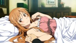  asuna_(sao) bed blanket blush brown_eyes brown_hair female game_cg highres holding_hands long_hair looking_at_viewer lying nightgown non-web_source out_of_frame pillow pov pov_hands smile solo_focus sword_art_online sword_art_online:_hollow_fragment 