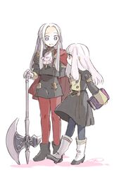  2girls axe batoson54 battle_axe blue_pantyhose book cape commentary_request edelgard_von_hresvelg fire_emblem fire_emblem:_three_houses fire_emblem_heroes forehead garreg_mach_monastery_uniform gloves hair_ribbon hand_on_hilt high_heels highres holding holding_axe holding_book long_hair long_sleeves lysithea_von_ordelia multiple_girls open_mouth pantyhose parted_bangs pink_eyes planted planted_axe purple_eyes raised_eyebrow red_cape red_pantyhose ribbon side_cape simple_background uniform weapon white_background white_gloves white_hair 