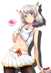  animal_ears breasts camisole camisole_lift cat_ears cat_girl chakram chest_jewel clothes_lift female highres izumi_mahiru jacket leggings midriff mio_(xenoblade) navel pleated_skirt short_hair shoulder_strap skirt small_breasts solo spoken_squiggle squiggle tank_top weapon white_camisole white_hair white_jacket white_skirt white_tank_top xenoblade_chronicles_(series) xenoblade_chronicles_3 