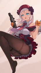  aged_up bare_shoulders beret black_pantyhose blue_eyes blush braid breasts clothes_lift corset crossed_bangs female french_braid girls&#039;_frontline gloves gun h&amp;k_mp5 hat highres holding holding_weapon jamgom long_hair looking_away medium_breasts mp5_(girls&#039;_frontline) necktie no_shoes open_mouth orange_gloves pantyhose red_necktie red_skirt shirt simple_background skirt skirt_lift solo submachine_gun weapon white_hair white_shirt 