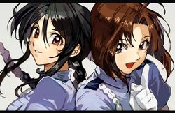  2girls back-to-back black_eyes black_hair blue_shirt braid brown_eyes brown_hair gloves kobayakawa_miyuki letterboxed long_hair multiple_girls parted_lips police police_uniform policewoman raised_fist rope shirt short_hair single_braid taiho_shichauzo tsujimoto_natsumi uncle_rabbit_ii uniform upper_body white_gloves 