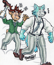  2022 amputee angry anthro antlers beastars bodily_fluids bottomwear canid canine canis cervine clothed clothing cross-popping_vein deer disability dress_shirt duo eyebrows footwear fur hi_res hopping horn humor jacket legoshi_(beastars) louis_(beastars) male mammal marker_(artwork) motion_lines necktie pants parasitedeath prosthetic prosthetic_leg prosthetic_limb red_deer running scar scared shirt shoes signature simple_background suspenders sweat sweatdrop topwear traditional_media_(artwork) tuft white_background wolf 